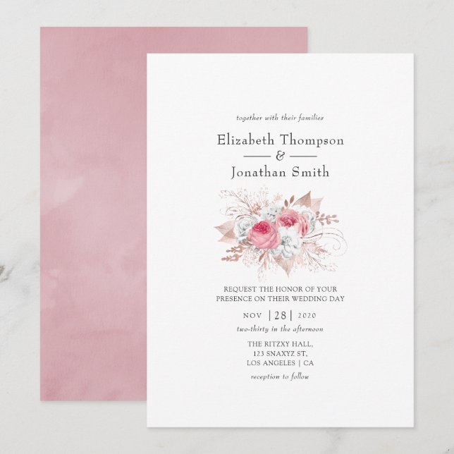 Pink and Rose Gold Floral Wedding Invitation (Front/Back)