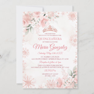 Pink and Rose Gold Floral Winter Girl Quinceañera Invitation