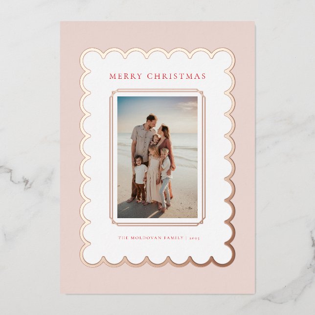 Pink and Rose Gold Foil Scallop Christmas Card (Front)