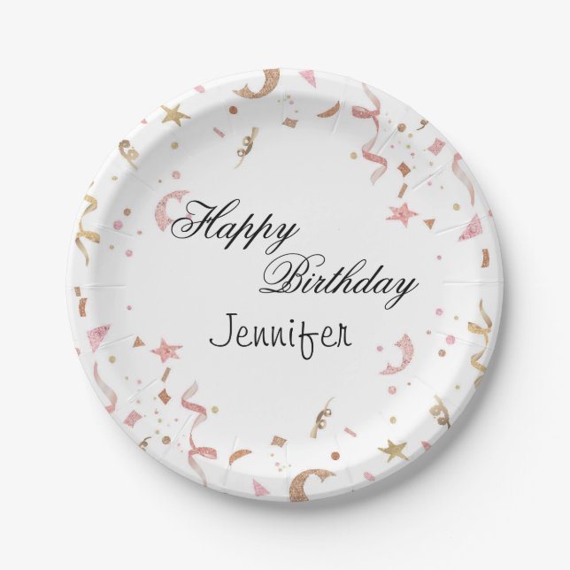 Pink and Rose Gold Glitter Confetti Paper Plate (Front)