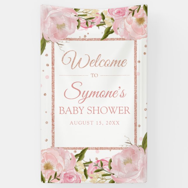 Pink and Rose Gold Peony Custom Baby Shower Banner (Vertical)