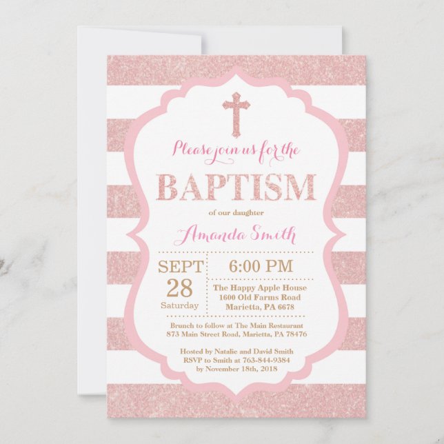 Pink and Rose Gold Pink Glitter Baptism Invitation (Front)