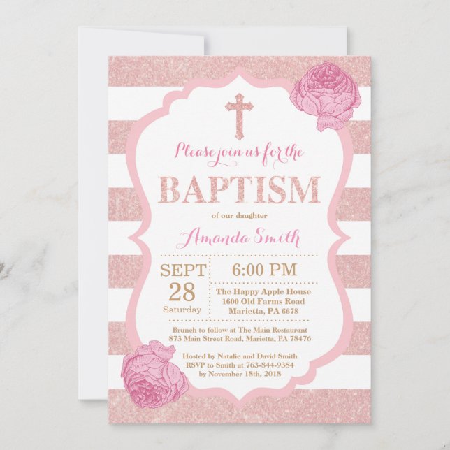Pink and Rose Gold Pink Glitter Baptism Invitation (Front)