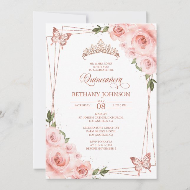 Pink and Rose Gold Quinceañera Invitation (Front)