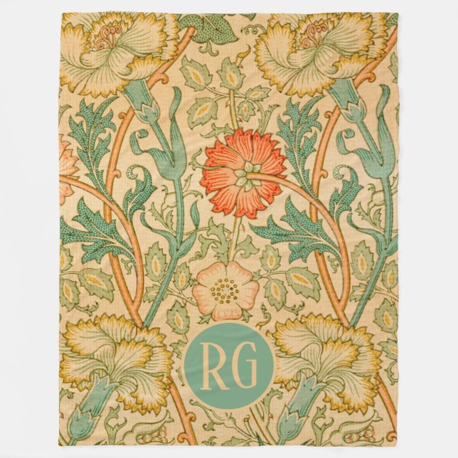 Pink and Rose William Morris Monogram Personalised Fleece Blanket (Front)