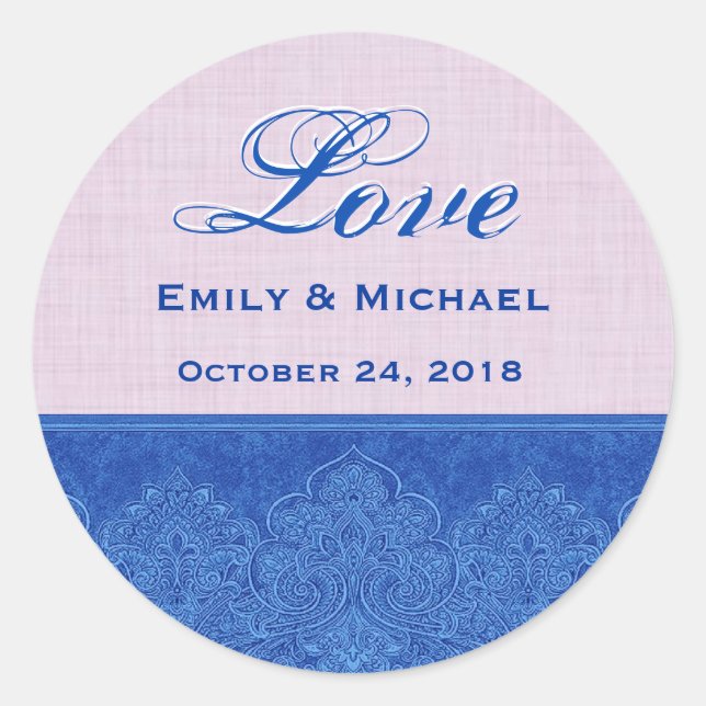Pink and Royal Blue Wedding Damask V23 Classic Round Sticker (Front)