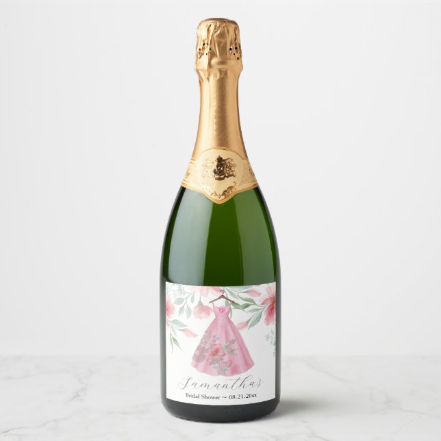 Pink and Sage Blue Floral Bridal Shower Themes Sparkling Wine Label (Front)