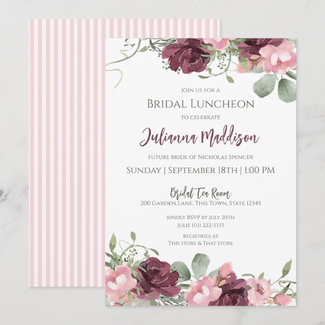 Pink and Sage Floral Bridal Luncheon Invitation (Front/Back)
