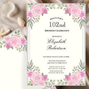 Pink and Sage Green Floral 102nd Birthday Invitation
