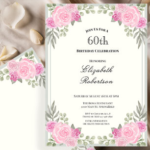 Pink and Sage Green Floral 60th Birthday Invitation