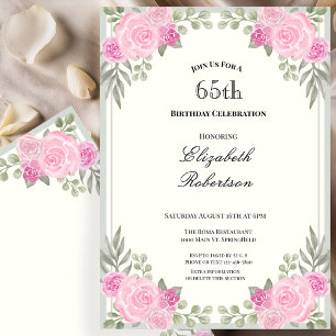 Pink and Sage Green Floral 65th Birthday Invitation