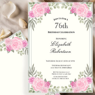 Pink and Sage Green Floral 76th Birthday Invitation