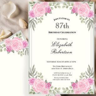 Pink and Sage Green Floral 87th Birthday Invitation