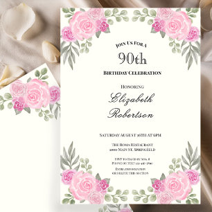 Pink and Sage Green Floral 90th Birthday Invitation