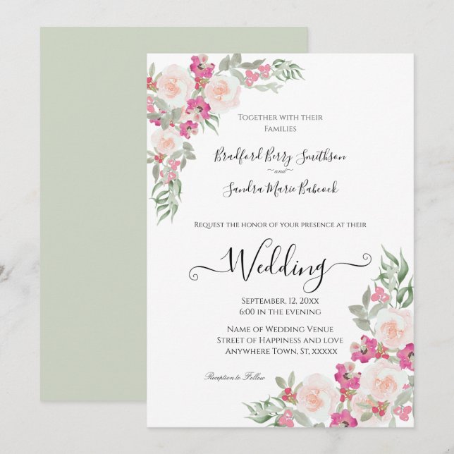  Pink and Sage Green Floral Wedding invitation (Front/Back)
