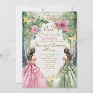 Pink and Sage Green Twin Royal Princess Mis Quince Invitation