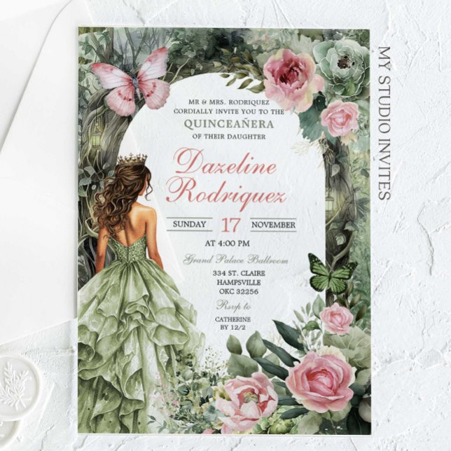 Pink and Sage Green Whimsical Forest Quinceanera Acrylic Invitations (Creator Uploaded)