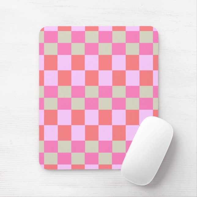 Pink and Sand Beige Retro Checkerboard Pattern Mouse Mat (With Mouse)