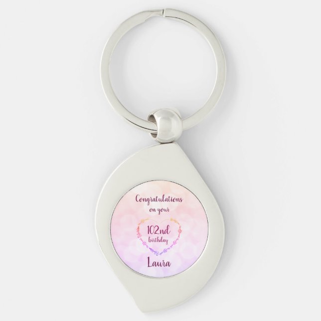 Pink and Silver 102nd Birthday Personalised Key Ring (Front)