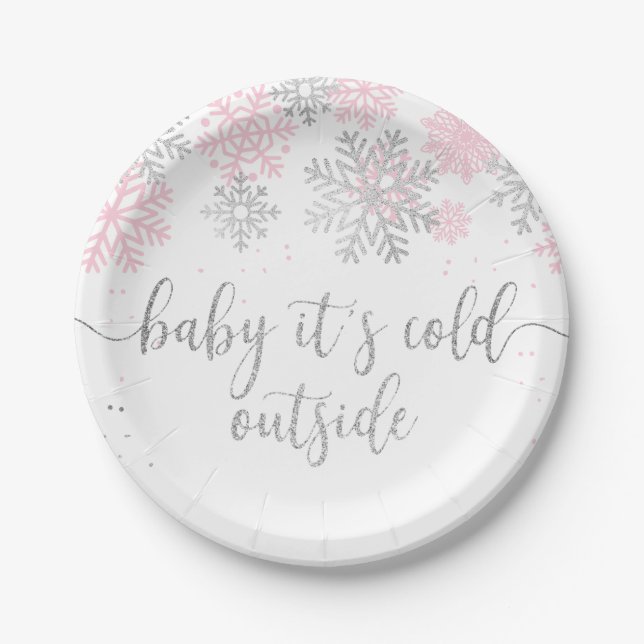 Pink And Silver Baby It's Cold Outside Winter Paper Plate (Front)