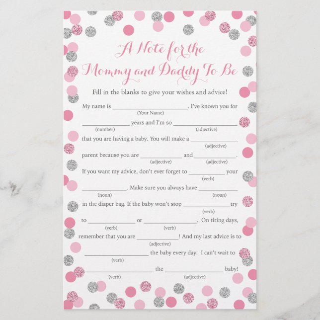 Pink and Silver Baby Shower Advice Game Cards (Front)