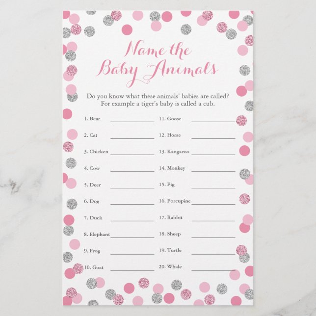Pink and Silver Baby Shower Baby Animal Name Game (Front)