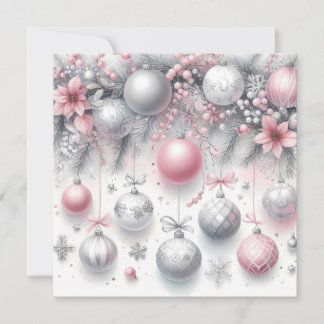 Pink and Silver Christmas Ornaments Background Holiday Card