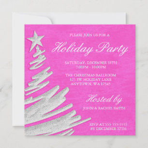 Pink and Silver Christmas Tree Holiday Party Invitation