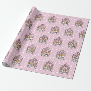 Pink and Silver Cupcakes Polka Dot Wrapping Paper