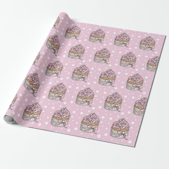 Pink and Silver Cupcakes Polka Dot Wrapping Paper (Unrolled)