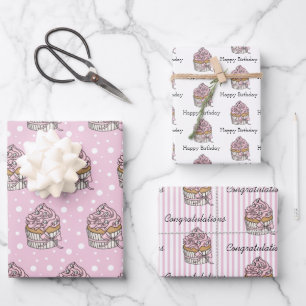 Pink and Silver Cupcakes  Wrapping Paper Sheet