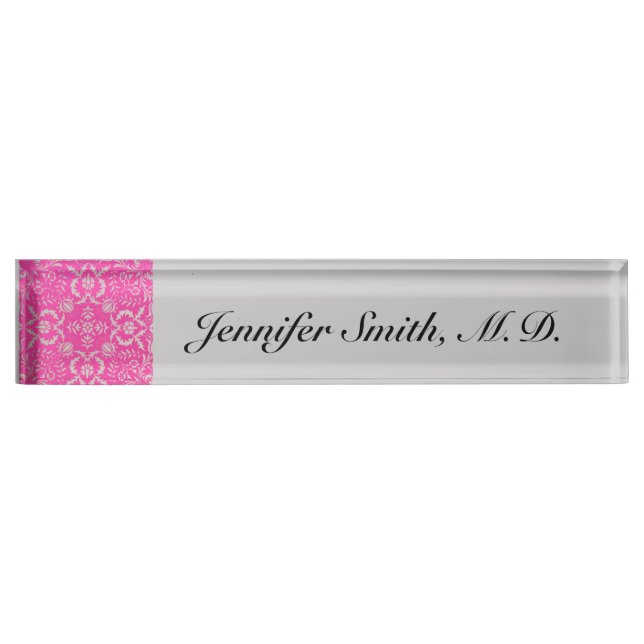 Pink and Silver Damask Customisable Nameplate (Front)