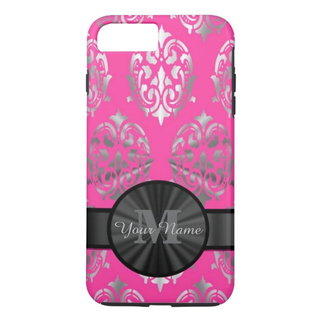 Pink and silver damask personalised monogram Case-Mate iPhone case (Back)