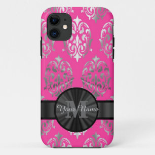 Pink and silver damask personalised monogram iPhone 11 case