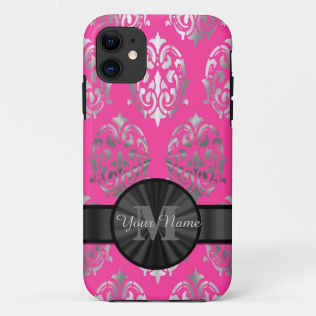 Pink and silver damask personalised monogram Case-Mate iPhone case (Back)