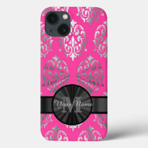 Pink and silver damask personalised monogram iPhone 13 case
