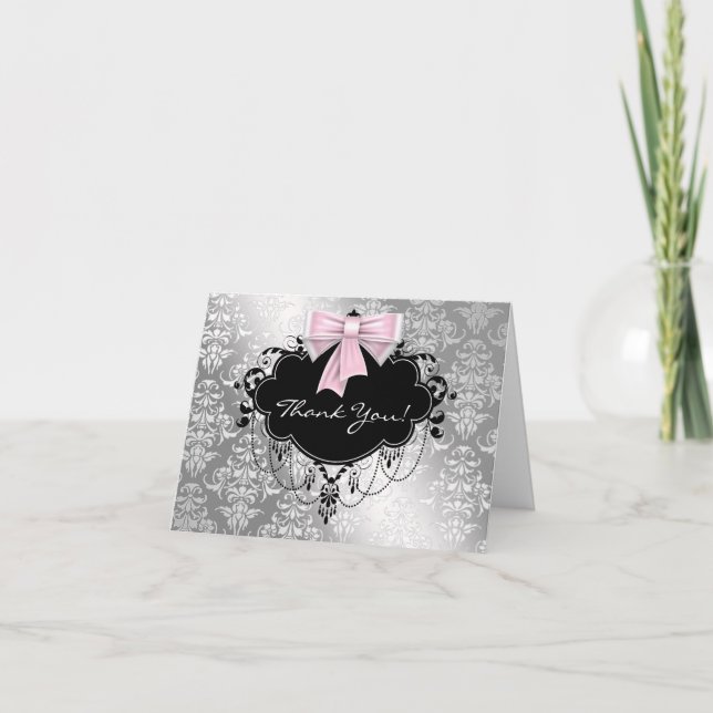 Pink and Silver Damask Thank You Cards (Front)