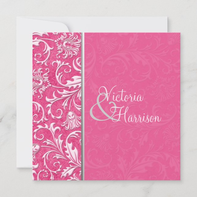 Pink and Silver Damask Wedding Invitation (Front)