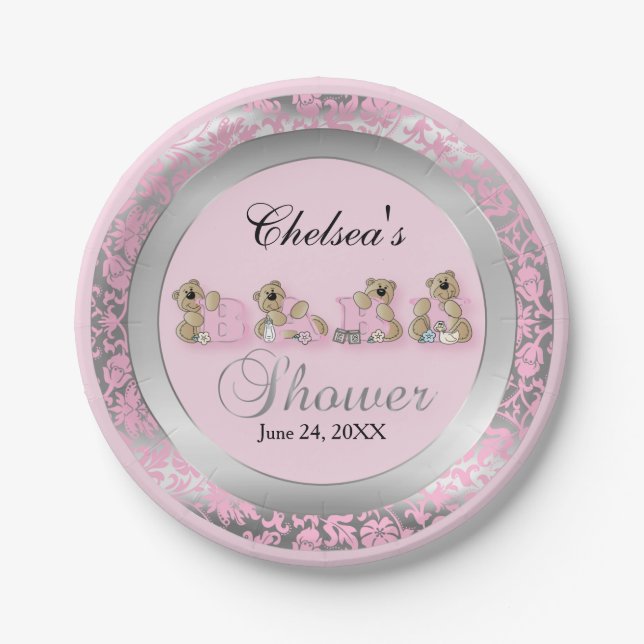 Pink and Silver Damask with Teddy Bears Paper Plate (Front)