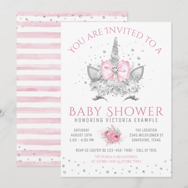 Pink and Silver Diamond Unicorn Baby Shower Invitation (Front/Back)