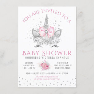 Pink and Silver Diamond Unicorn Baby Shower Invitation
