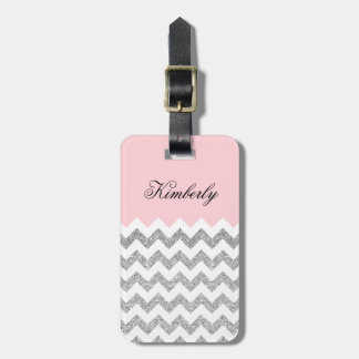 Pink and Silver Faux Glitter Chevron Luggage Tag