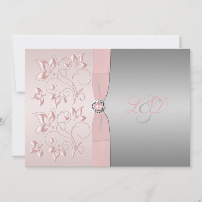 Pink and Silver Floral Monogrammed Invitation (Front)