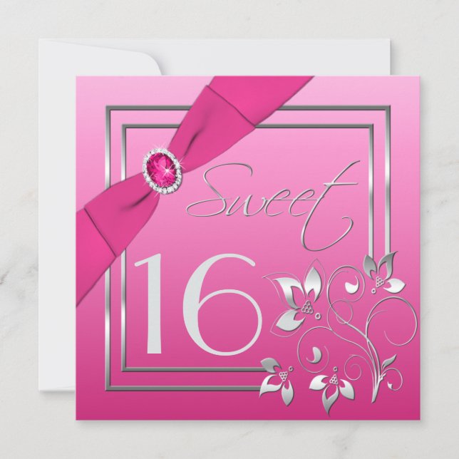 Pink and Silver Floral Sweet Sixteen Invitation (Front)