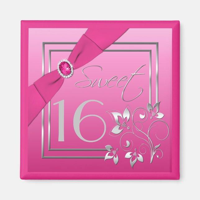 Pink and Silver Floral Sweet Sixteen Magnet (Front)