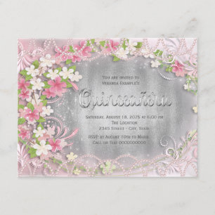 Pink and Silver Foil Floral Quinceañera Invitation