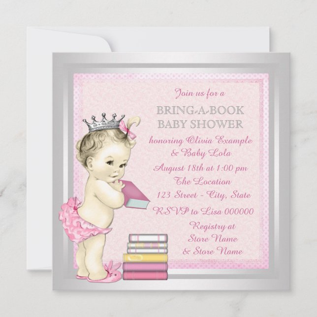 Pink and Silver Girls Bring a Book Baby Shower Invitation (Front)