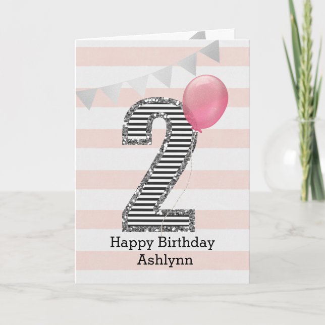 Pink and Silver Glitter 2nd Birthday Girl Card (Front)