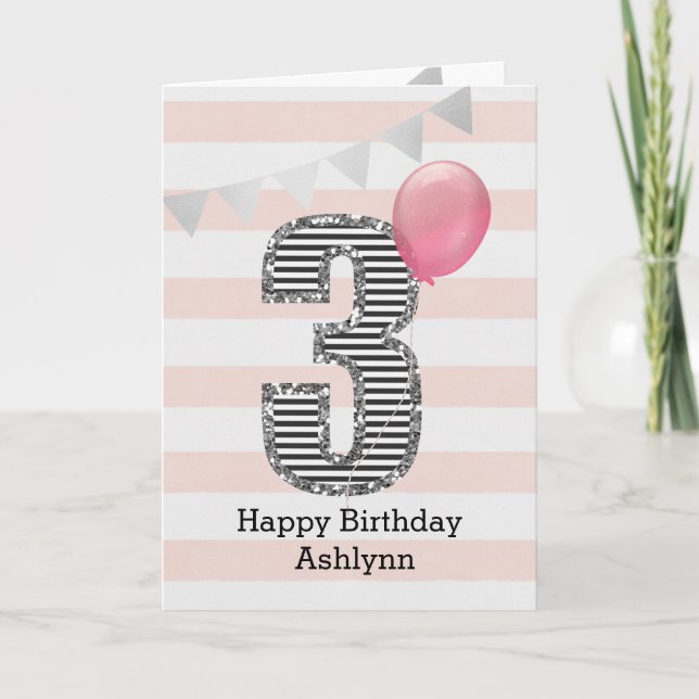 Pink and Silver Glitter 3rd Birthday Girl Card (Front)