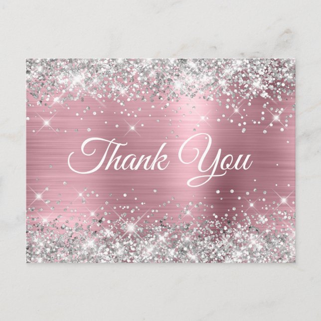 Pink and Silver Glitter 40th Birthday Thank You Postcard (Front)
